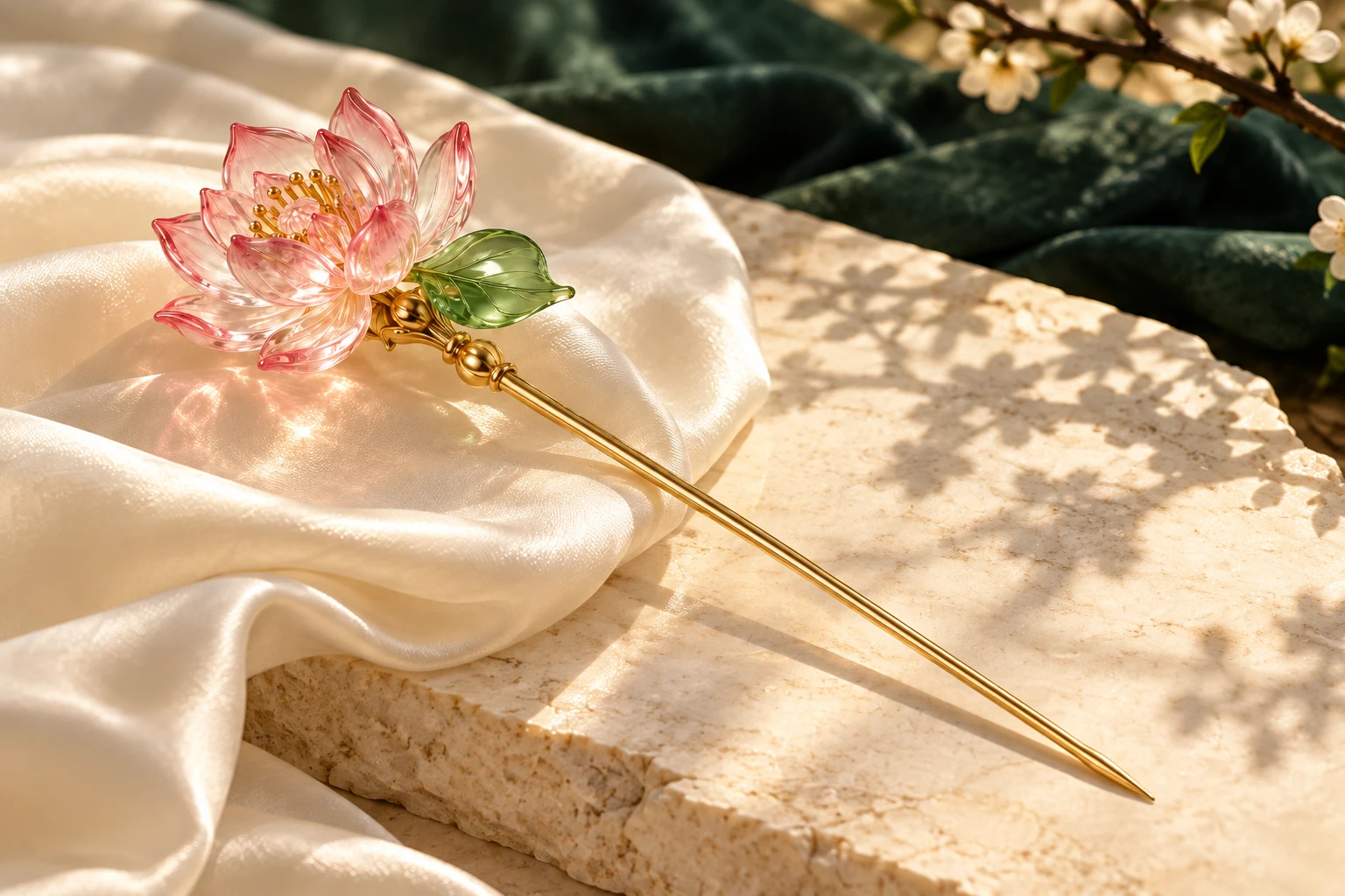 Blush glass lotus hairpin on ivory silk with soft botanical shadows