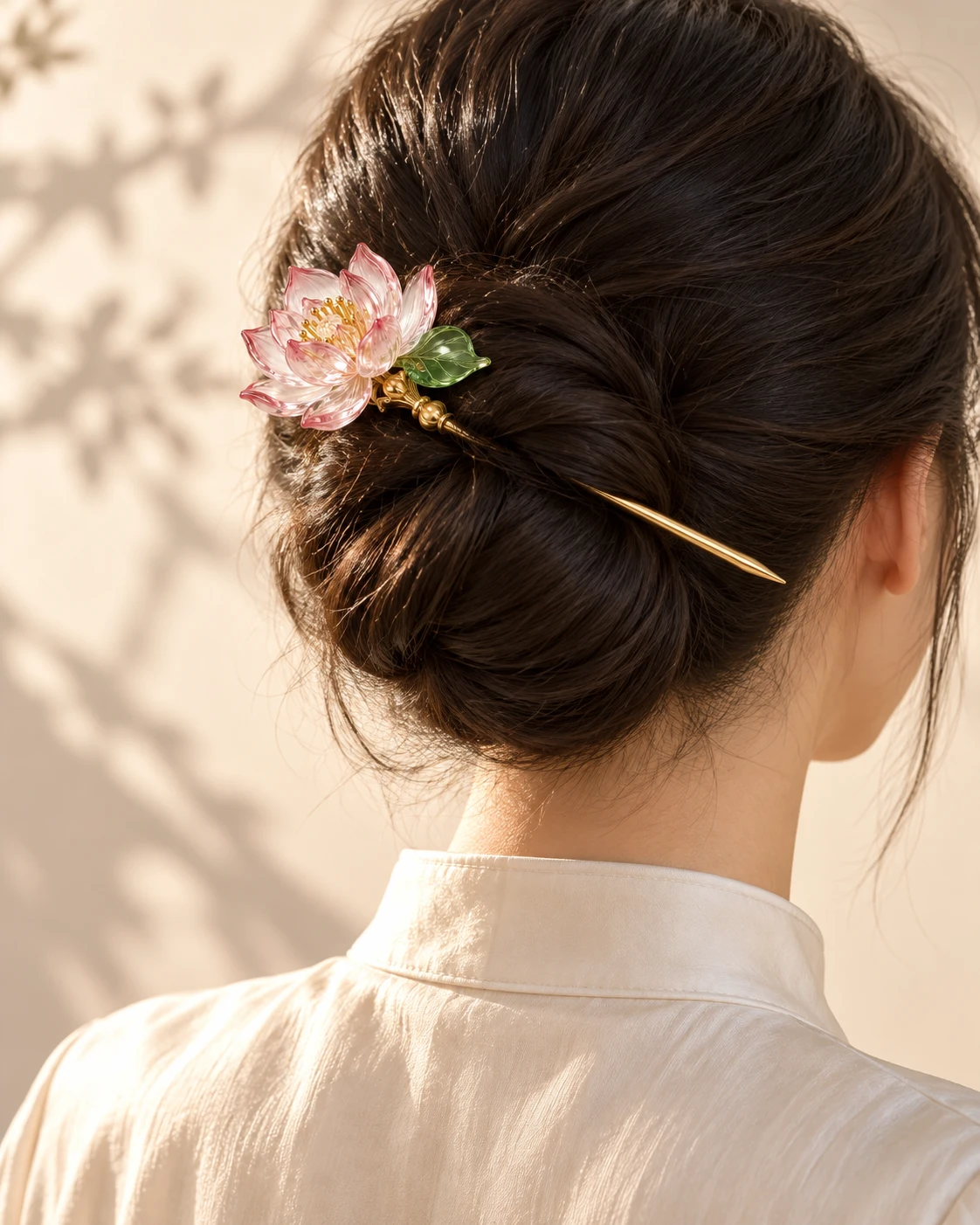 A glass flower hairpin worn in a simple dark-haired bun