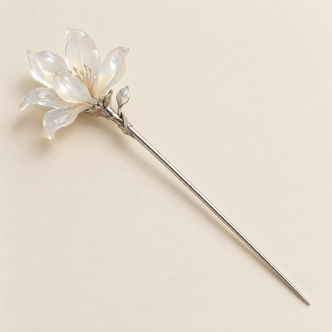 Moonlit Magnolia Hairpin: a translucent milky-white magnolia, silver-tone shaft