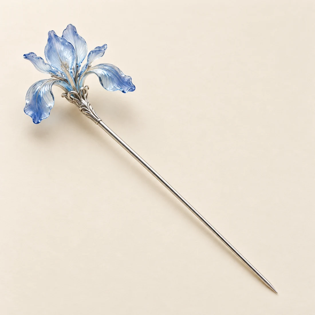 Blue Mist Iris Hairpin: a pale blue iris with sculpted petals, silver-tone shaft