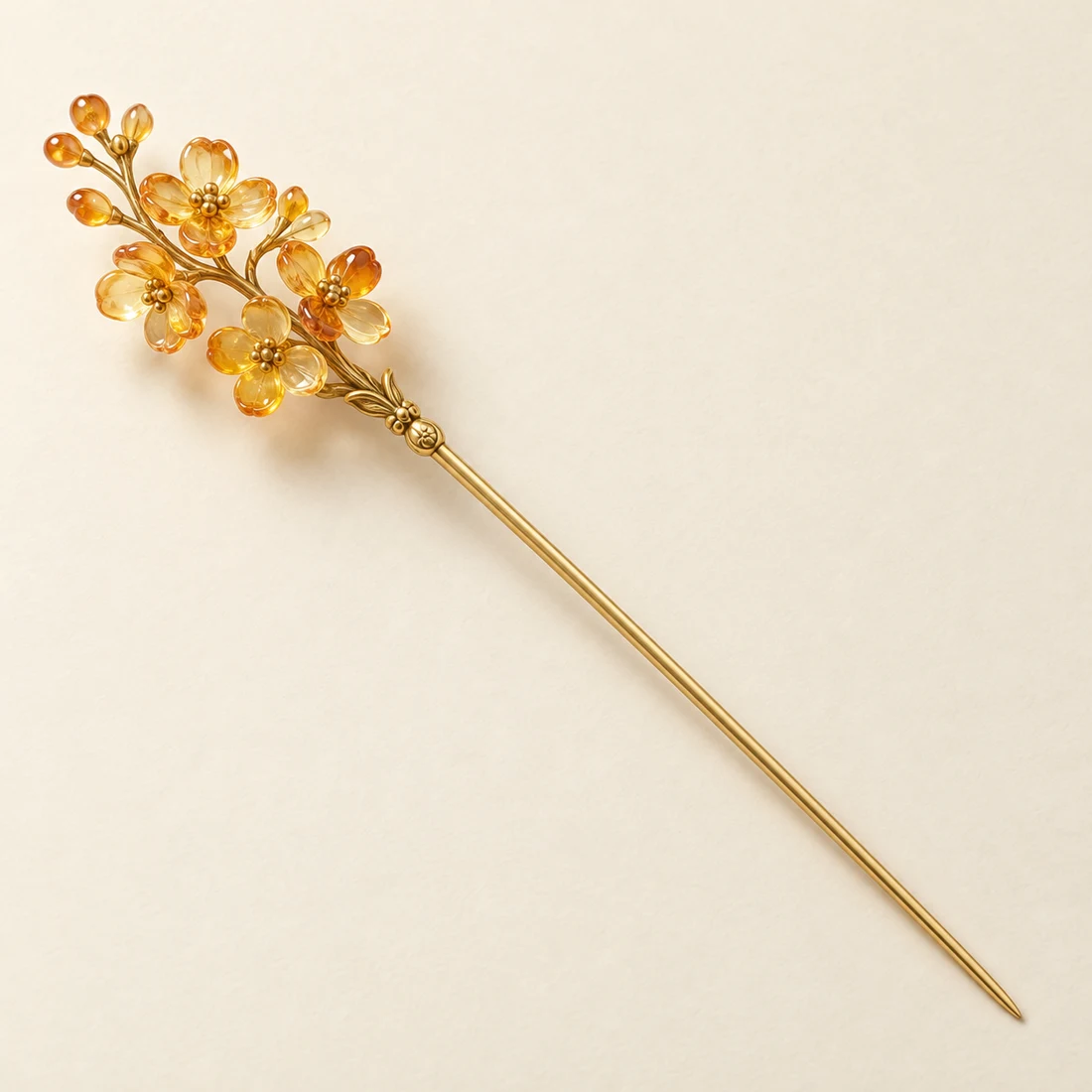 Golden Osmanthus Spray Hairpin: a cluster of amber osmanthus blossoms, gold-tone shaft