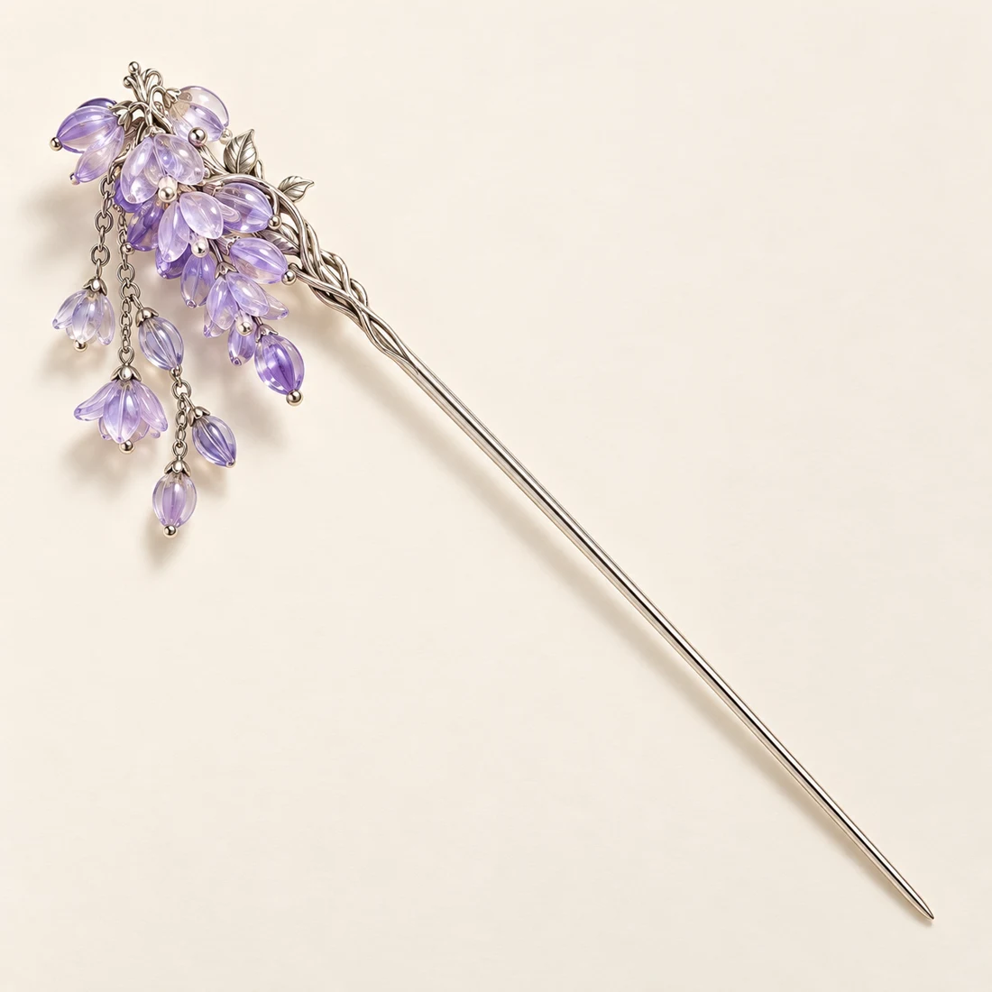 Wisteria Drift Hairpin: a lilac flower cluster with short hanging glass accents, silver-tone shaft