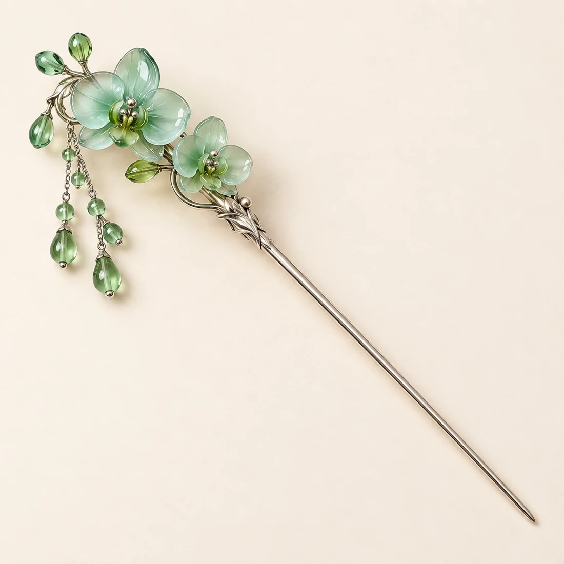 Celadon Orchid Cascade Hairpin: celadon-green orchids with a short glass-bead chain, silver-tone shaft