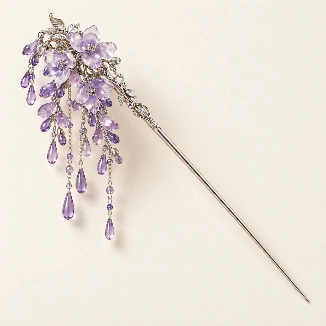 Wisteria Moonfall Hairpin: multiple purple flower branches with varied-length glass-bead chains, silver-tone shaft