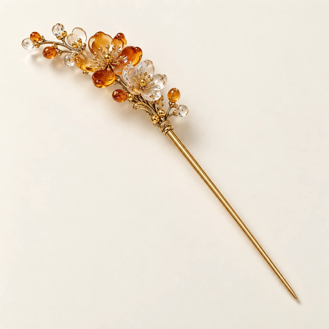 Amber Blossom Crown Hairpin: an arched cluster of amber and clear-white flowers, gold-tone shaft